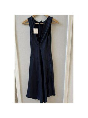 NWT Whyte Valentyne Navy Blue Satin Open Back Tie Neck Midi Dress Womens Size 10